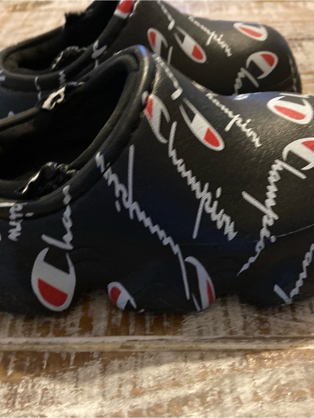 Champion Kids Black Slip-On Clogs with Red & White Logo